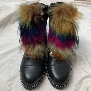 Black Leather Combat Boots Womens 6 Designer Fox Fur Grunge Club 90s NWOT